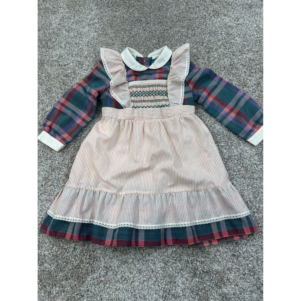 Vintage Kids Plaid Striped Ruffle Dress Cottagecore Holiday Green Red 5/6 #0481